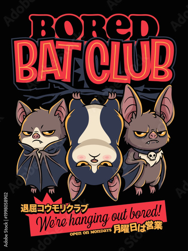 Three cartoon bats hanging upside down.