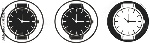 Luxury wrist watch icon set featuring black and white analog clock face silhouettes with leather straps isolated in circular frames for time management design.
