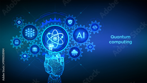 Quantum computing technology concept. Quantum technology. Data analytics. Quantum qubit intelligent computing. Hand touching digital interface with interconnected gears and icons. Vector illustration.