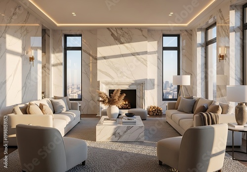Elegant living room interior with fireplace and sunlight