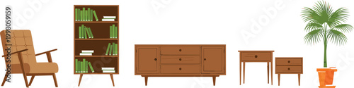 Mid century modern furniture set collection featuring retro brown wooden armchair sideboard bookshelf nightstands and green potted palm plant for home interior design layout.