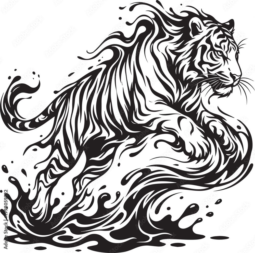 Obraz premium Melting tiger form abstract fluid line art black and white vector silhouette - Adobe Illustrator Artwork