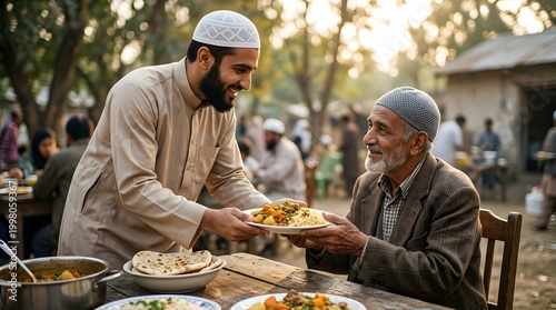 A young Muslim man serves a meal to an elderly man at an outdoor community gathering, symbolizing charity and sharing.