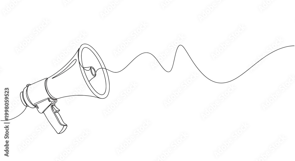 Fototapeta premium Continuous line drawing of a megaphone with sound waves, minimalist bullhorn illustration for communication and marketing concepts
