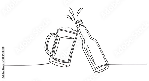 Continuous one line drawing of beer mug and bottle clinking together