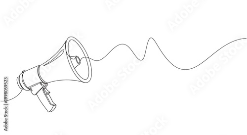 Continuous line drawing of a megaphone with sound waves, minimalist bullhorn illustration for communication and marketing concepts