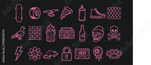 Neon pink urban streetwear icon set featuring graffiti and skate culture elements