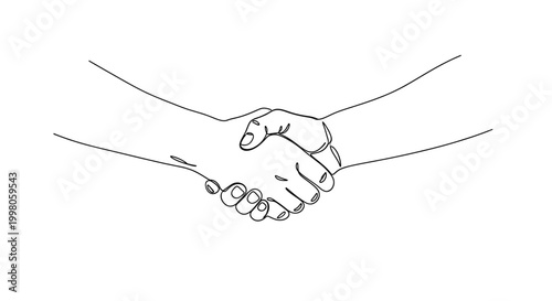 Continuous line drawing of two hands shaking, symbol of agreement, partnership, business deal and cooperation, minimalist sketch