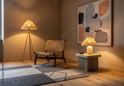 Modern interior with lamps chair and abstract art for design concepts