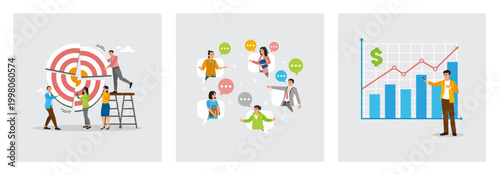 Connecting Target Pieces Together. Conversation on Speech Bubble. Analyzes Growing Business Chart.