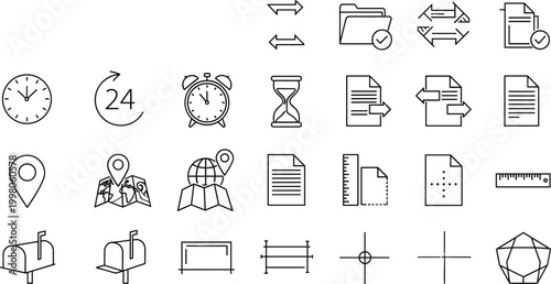 Modern line icon set featuring time management, document workflow, navigation, measurement tools, and scheduling concepts in minimal outline vector style