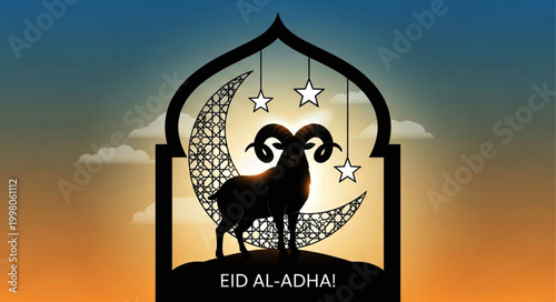 Eid al-Adha Illustration with Goat Silhouette and Crescent Moon