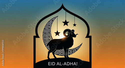 Eid Al-Adha Islamic Greeting Card with Ram Silhouette Vector