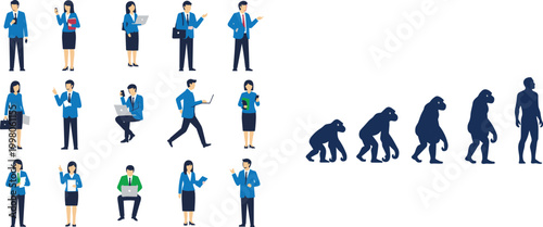 Professional business people character set with diverse office workers, corporate poses, modern workplace lifestyle, and human evolution silhouette concept illustration