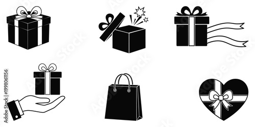 Set of gift boxes, shopping bag, and heart with ribbon icons