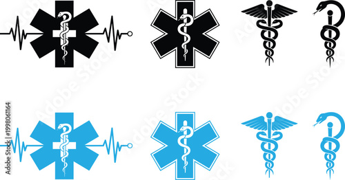 Medical symbolism star of life and caduceus icons in silhouette and vibrant color