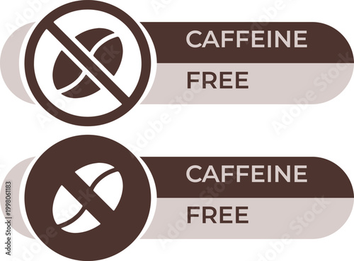 Caffeine free labels with coffee bean icons, decaf beverage product badges, brown and beige dietary symbols for food packaging design