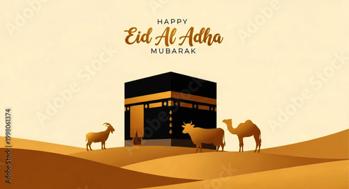 Eid Al Adha Mubarak Greeting with Kaaba and Golden Sacrifice Animals