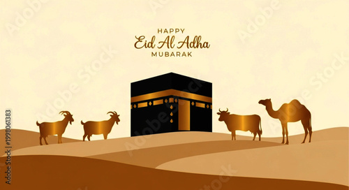 Happy Eid Al Adha Mubarak Greeting with Kaaba and Animals Vector