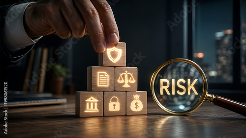 Hand places a protective shield block atop legal and compliance symbols, illustrating strategic business risk management and security planning, with 'RISK' under scrutiny