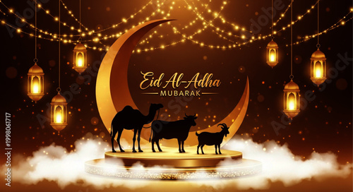 Eid Al Adha Mubarak Greeting with Golden Moon and Qurban Animals