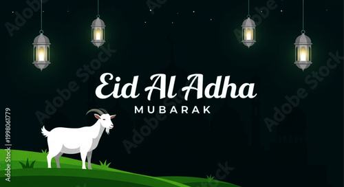 Eid Al Adha Mubarak Greeting with Goat and Mosque Background
