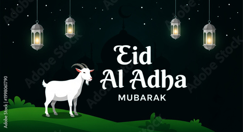 Eid Al Adha Mubarak Greeting Card with White Goat and Mosque