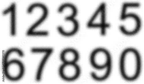 Halftone numbers in retro style. Blurred and fuzzy numbers with dots and circles. Raster spotted typeface.