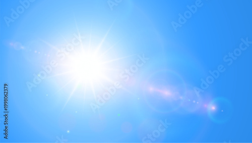 Sunny background, sun with lens flare on blue sky, hot weather concept, summer background illustration.
