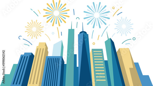 Skyscrapers with fireworks in a city skyline illustration for celebration and urban events.