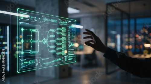 Close-up of Futuristic Data Interface with Subtle Human Hand for AI Interaction Concept