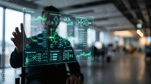 Close-up of Futuristic Data Interface with Subtle Human Hand for AI Interaction Concept
