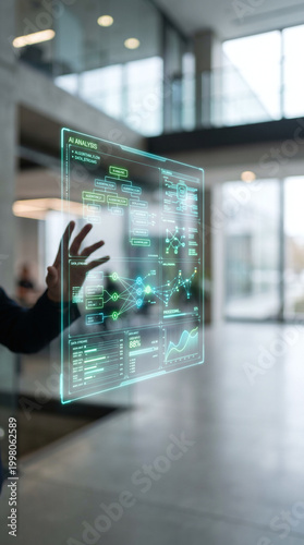 Close-up of Futuristic Data Interface with Subtle Human Hand for AI Interaction Concept