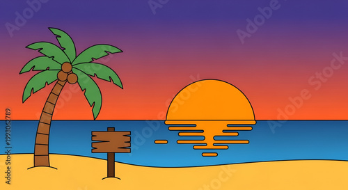 Tropical Beach Sunset with Palm Tree and Wooden Sign.