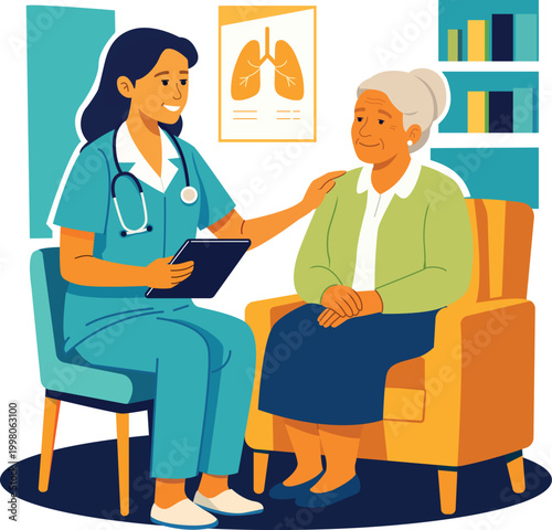 Female Doctor Consulting Elderly Woman Vector – Senior Healthcare Checkup Flat Illustration