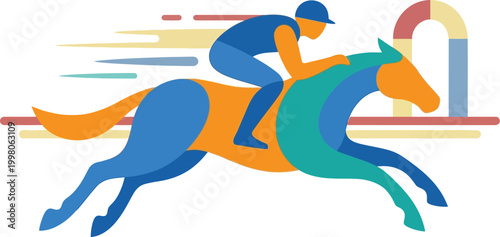 Jockey rides a galloping horse in a stylized race track scene featuring geometric shapes and vibrant color blocks.