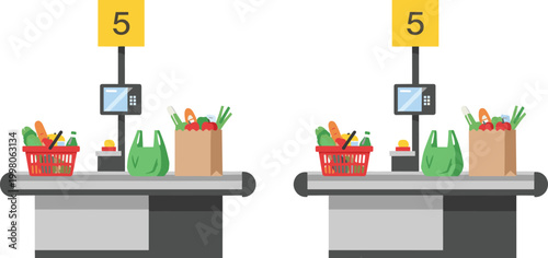 Flat Design Grocery Store Checkout Counter with Conveyor Belt and Fresh Food Items Vector Illustration