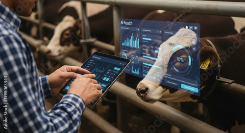 Farmer uses tablet and digital display to monitor livestock health and data on modern farm