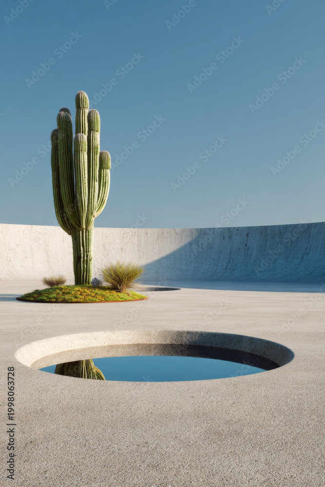 Fototapeta premium Solitary cactus stands prominently in a minimalist open-air plaza featuring smooth light gray concrete and a circular reflective pool under a clear blue sky