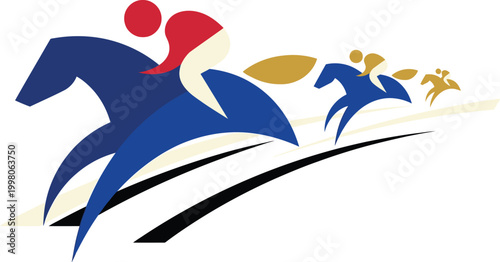 Racehorses gallop in a competitive field as jockeys steer them toward the finish line in this graphic style.