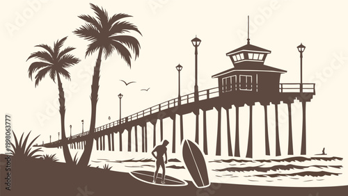SoCal beach lifestyle vector: Huntington Beach pier and palms