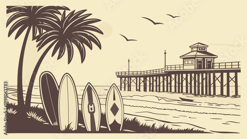Huntington Beach California surf city pier silhouette illustration