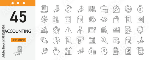 Accounting icons set representing finance, bookkeeping, balance, reports, audit, tax and financial management. Editable Stroke.