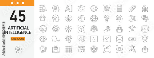 Artificial intelligence icons set representing AI systems, machine learning, automation, data processing and smart technology. Editable Stroke.
