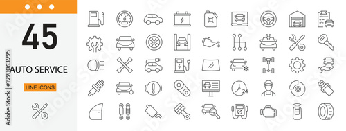 Auto service icons set representing vehicle repair, maintenance, tools, garage, engine check and car service. Editable Stroke.