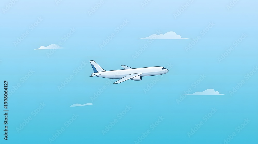 Obraz premium Cartoon airplane flying through a clear blue sky with clouds