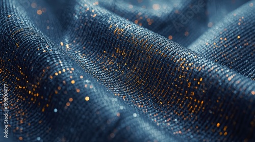 Close-up abstract texture of dark blue metallic fabric woven with sparkling orange and gold threads
