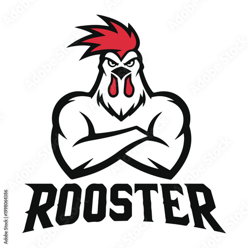 Muscular rooster logo with aggressive expression and crossed arms