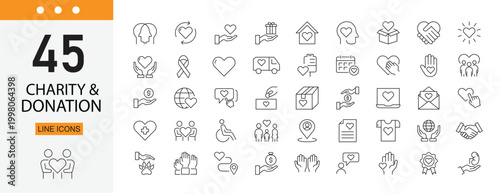 Charity and donation icons set representing giving, support, fundraising, community help and social care. Editable Stroke.