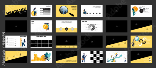 Business presentation, gold dollar coins, annual report. Set, powerpoint. Infographics design yellow black elements Team of people analyze monetary and financial circulation, photo Vector illustration